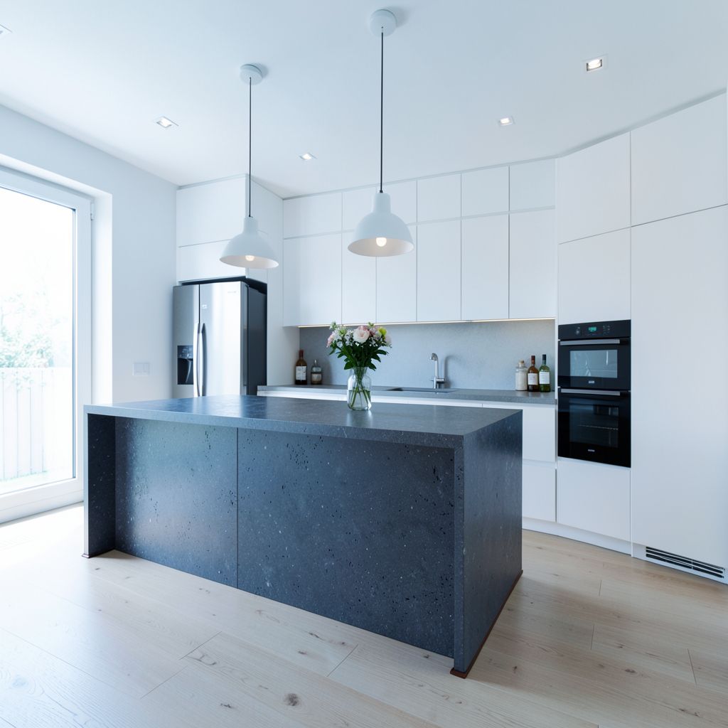 Professional kitchen remodel in San Jose CA features a modern open-plan space with a central dark gray stone island and sleek white cabinetry under bright, natural light.