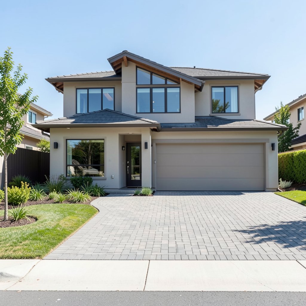 Custom home build showcasing a dramatic grand entry wide paver driveway and attractive landscaping in San Jose CA
